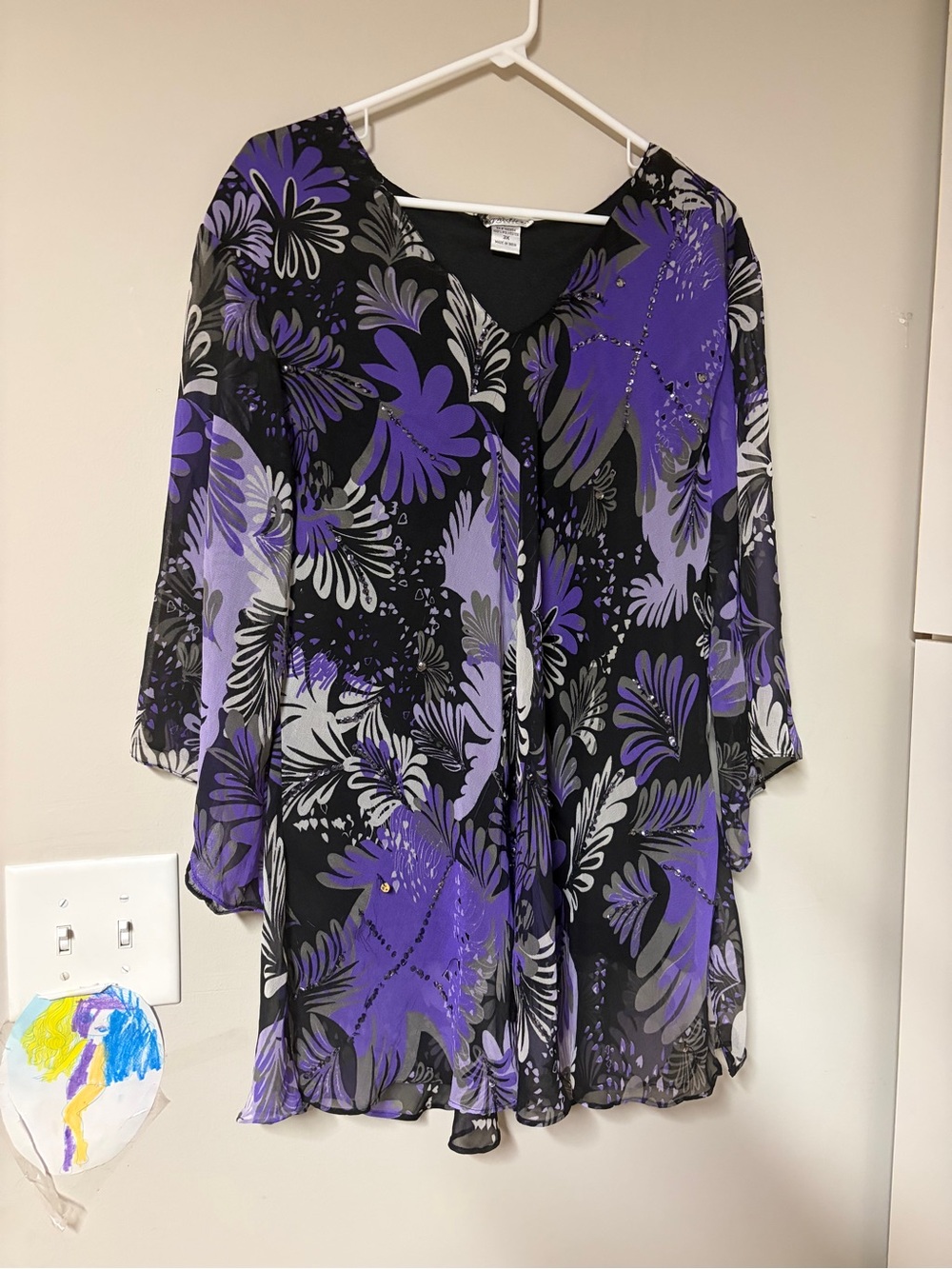 Vintage Fairy Blouse with Floral Flowy Overlay size 3x EUC purple and black